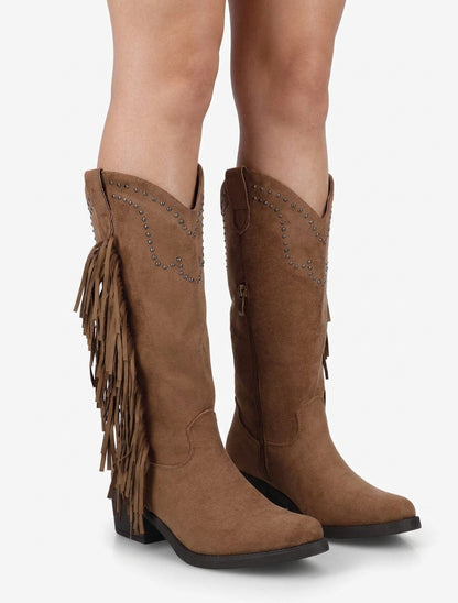 Bottines montantes en suédine à franges et clous - Camel