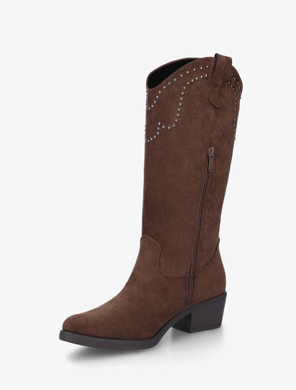 Bottines montantes en suédine à franges et clous - Marron clair - 3