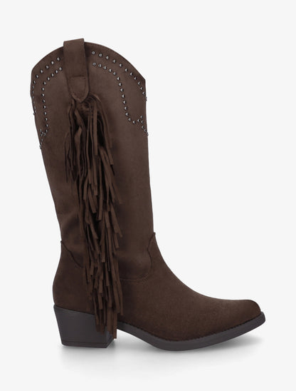 Bottines montantes en suédine à franges et clous - Marron - 1