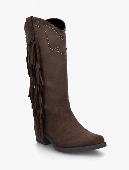 Bottines montantes en suédine à franges et clous - Marron - 2