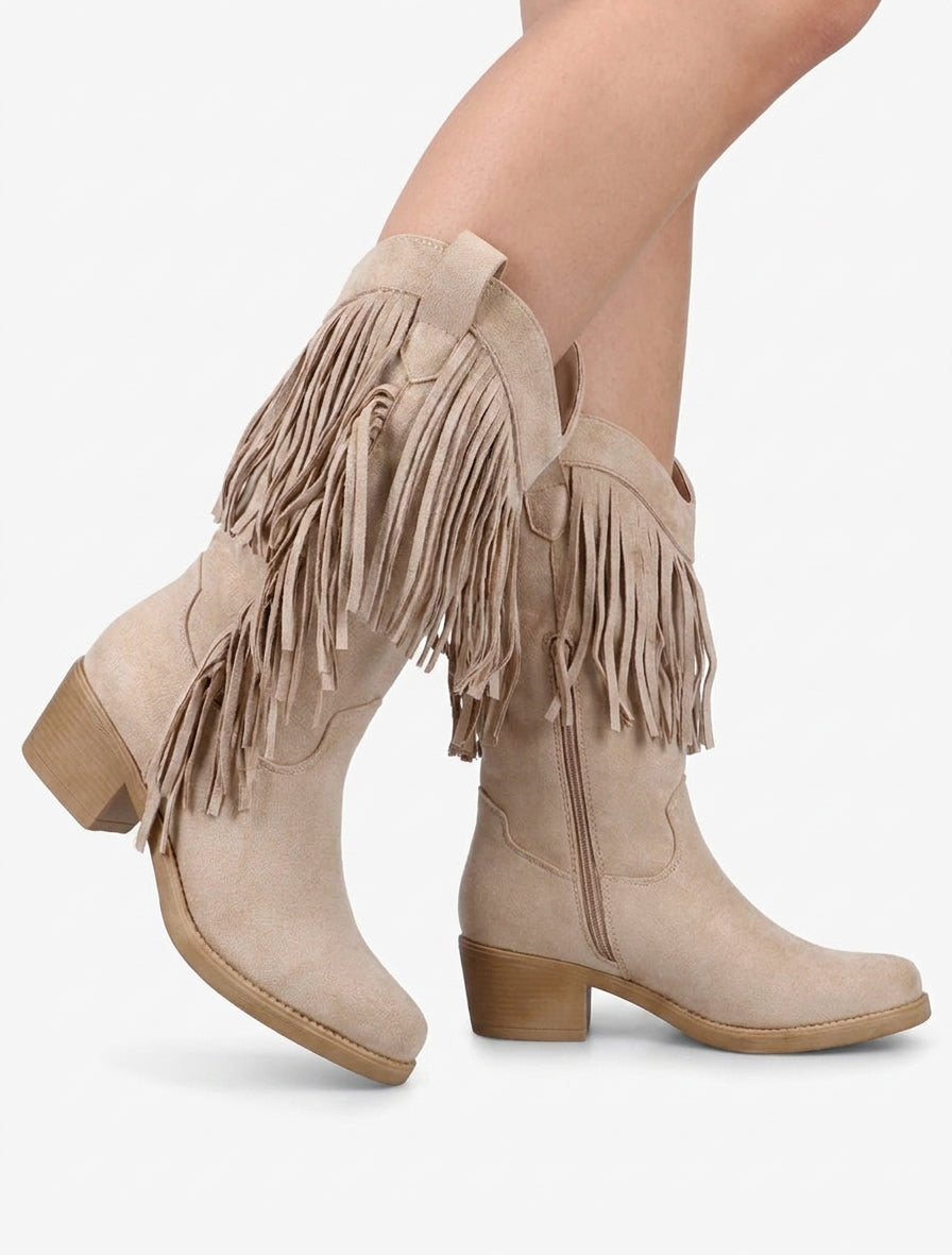 Enkellaarsjes in westernstijl met franjes - Beige
