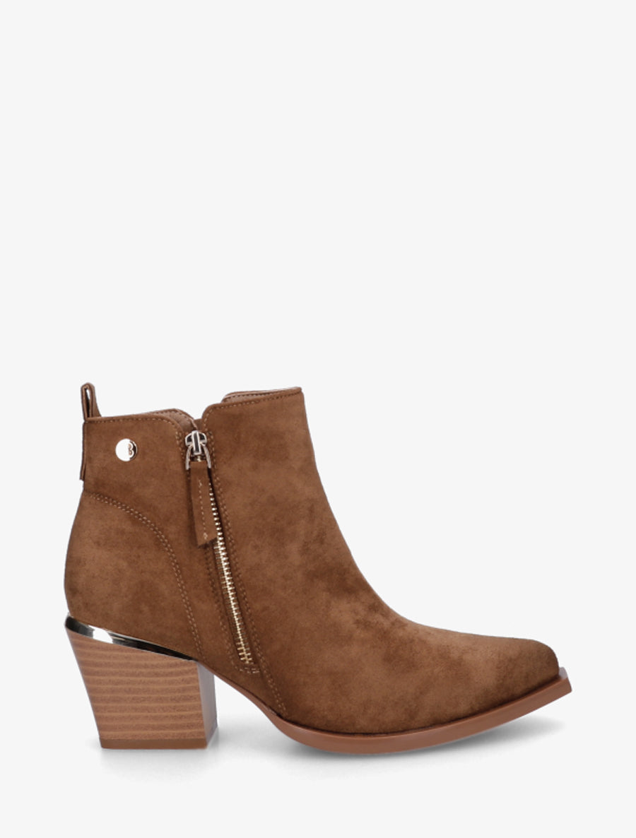 Bottines en suédine à zip décoratif et bouts pointus - Camel - 1