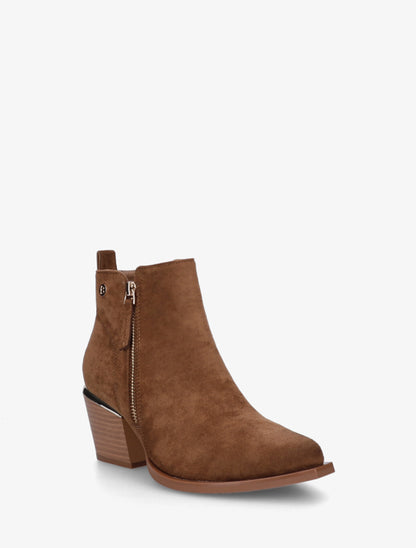 Bottines en suédine à zip décoratif et bouts pointus - Camel - 2