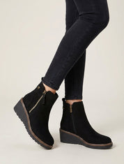 Bottines en suédine à talon semi-compensé et zip - Noir