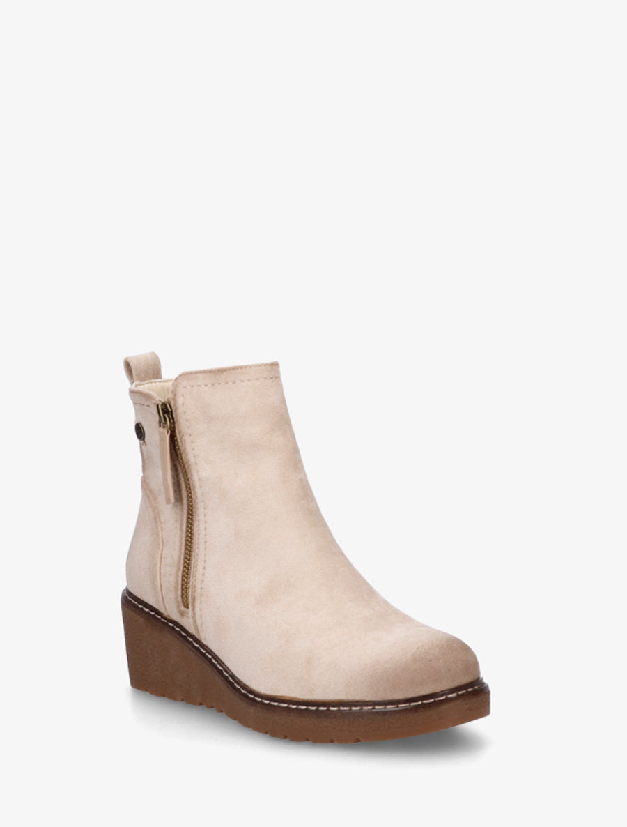 Bottines en suédine à talon semi-compensé et zip - Beige - 2