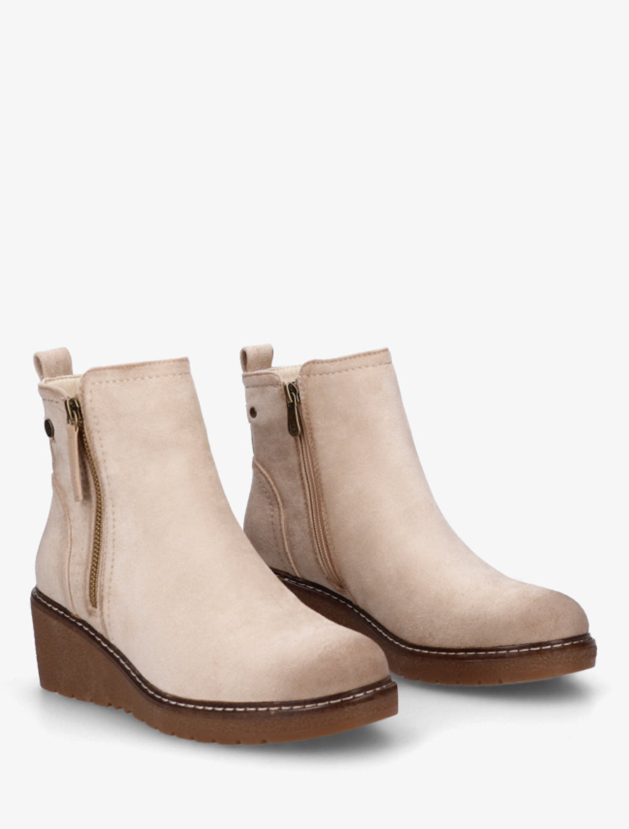 Bottines en suédine à talon semi-compensé et zip - Beige - 4