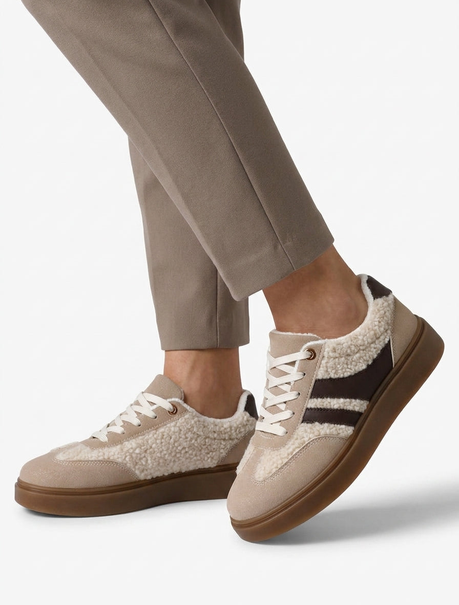 Lage sneakers met inzetstuk in bouclé-wol effect - Beige