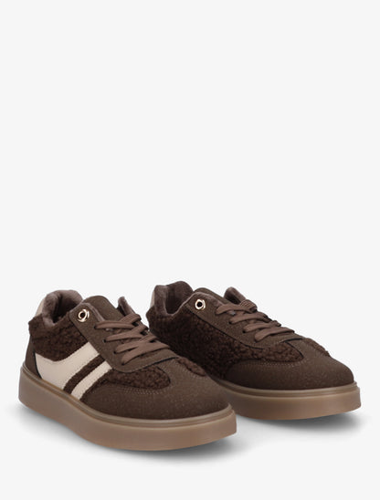 Baskets basses à empiècement effet laine bouclée - Marron - 4