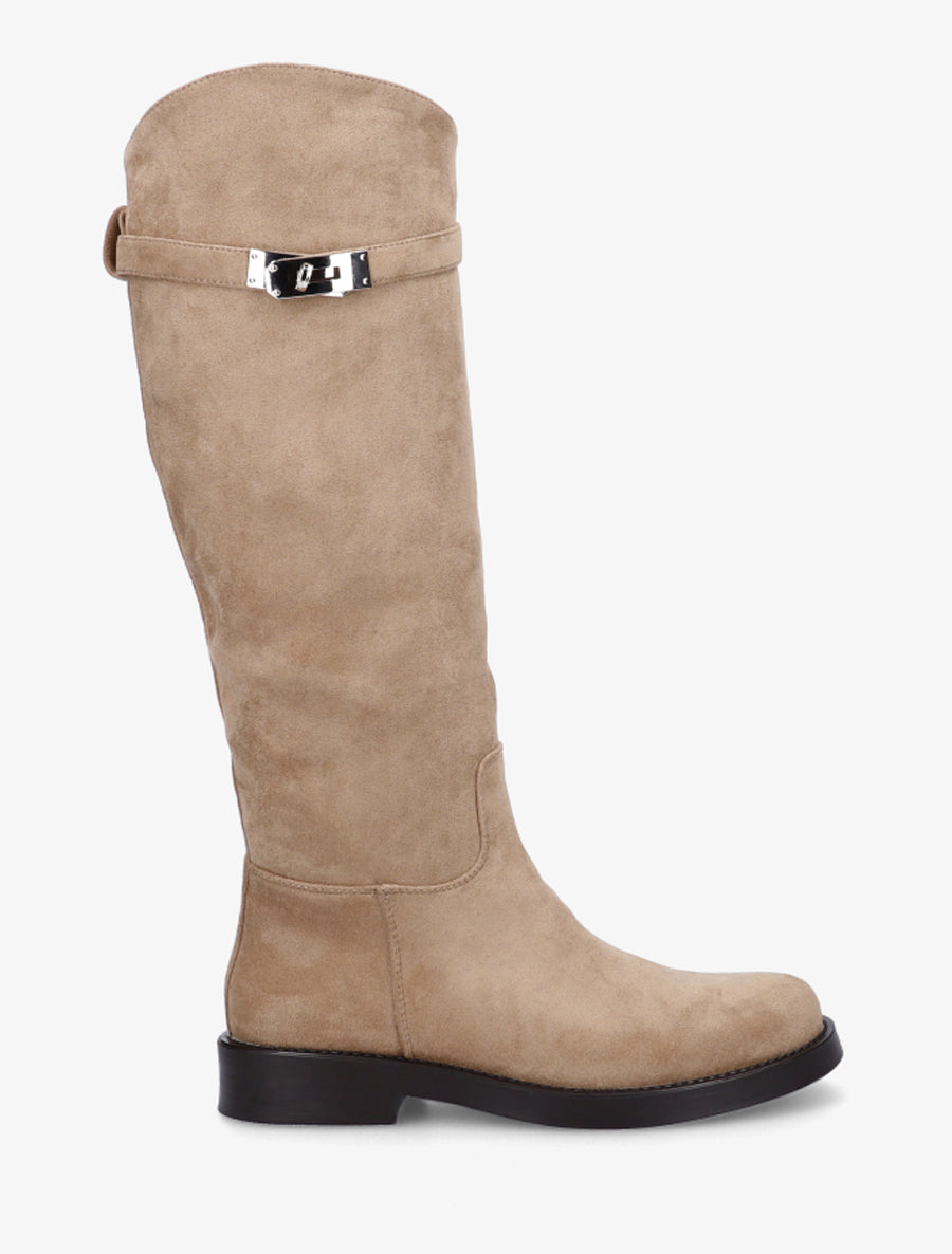 Bottes en suédine style cavalière à sangle - Taupe - 1