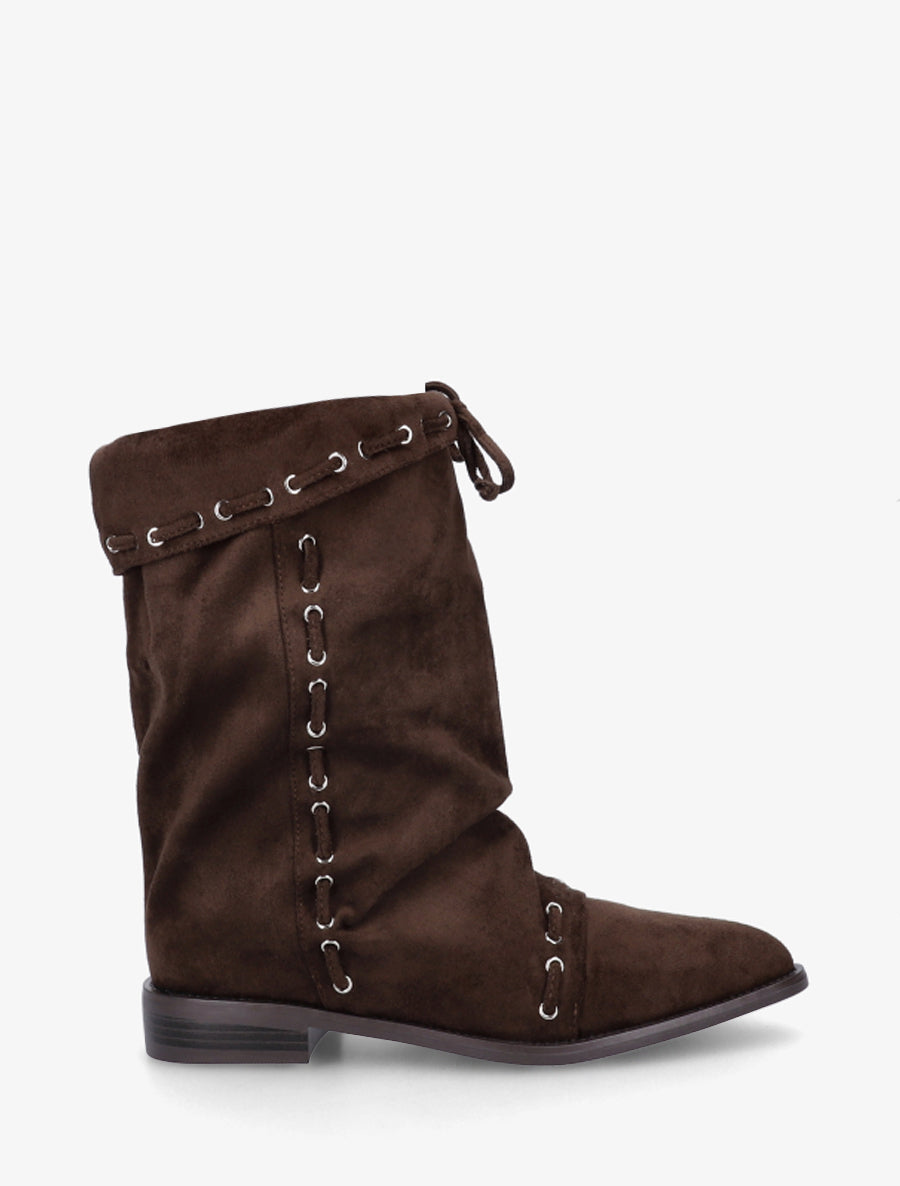 Bottines en suédine à cordons de serrage - Marron - 1