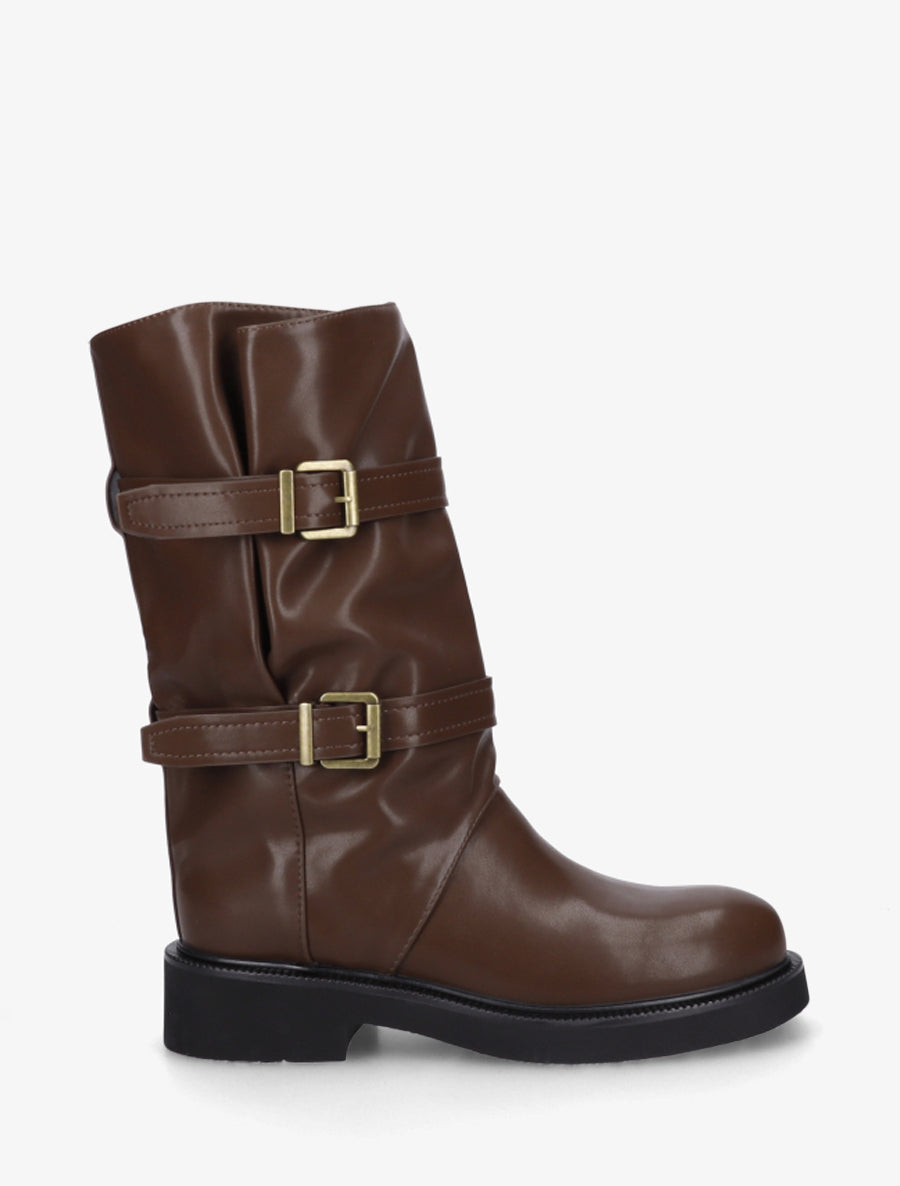 Bottines en simili à double sangles - Marron - 1
