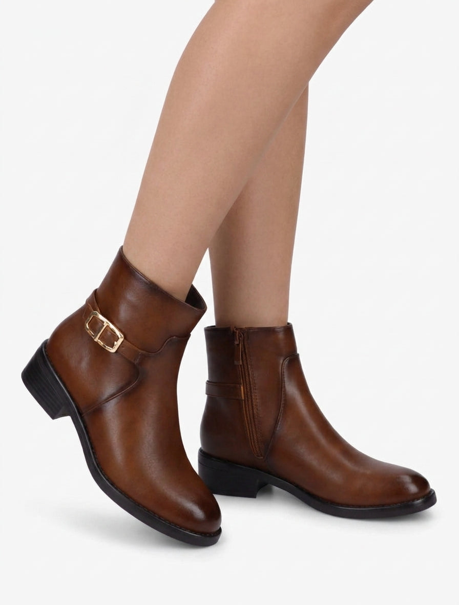 Bottines en simili à boucle métallique - Camel