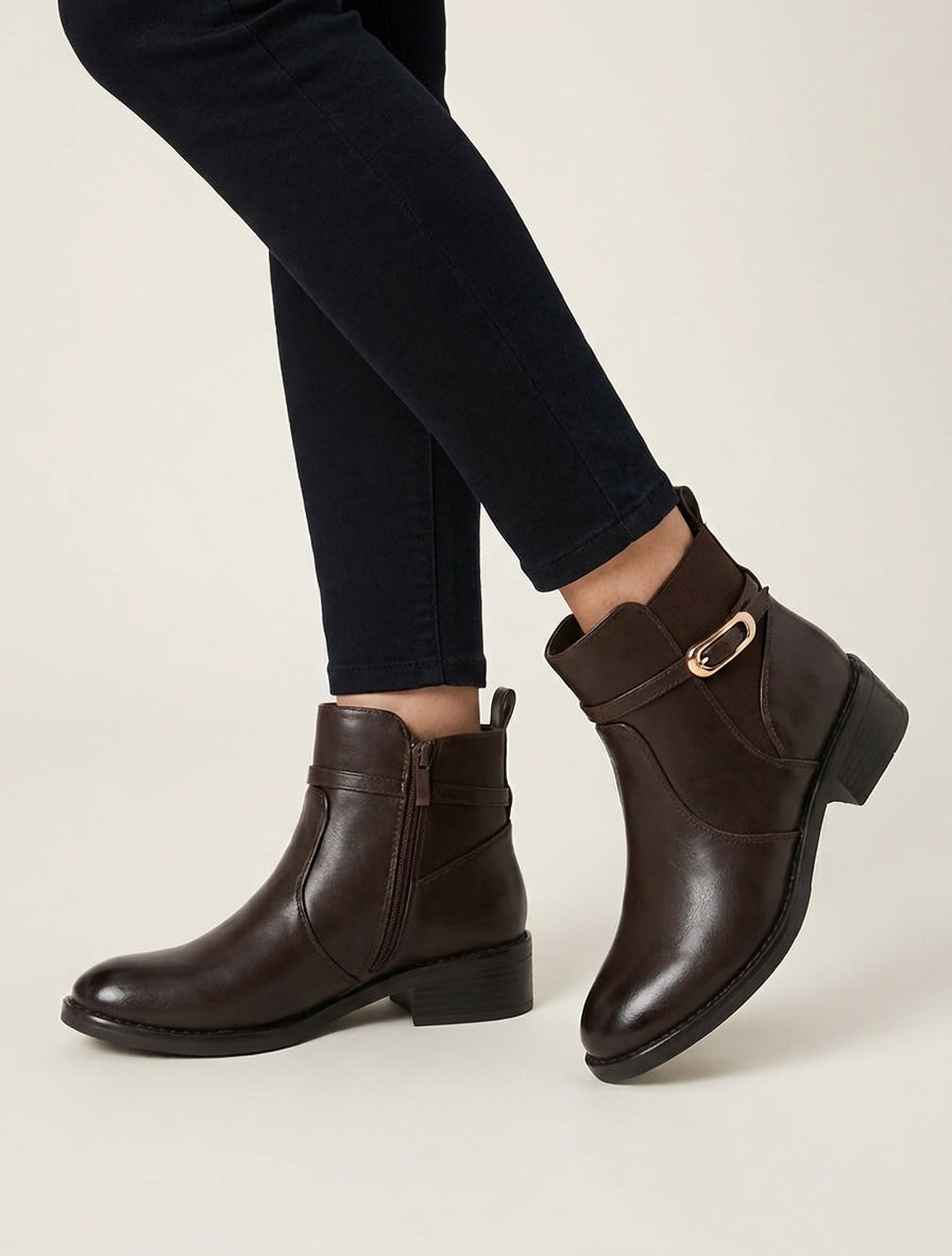 Bottines élastiquées en simili à boucle - Marron