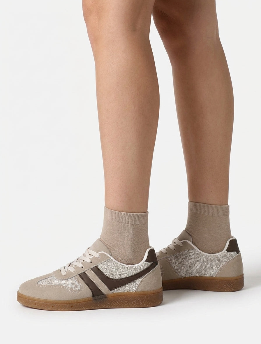 Sneakers à empiècement tissu effet tweed - Taupe