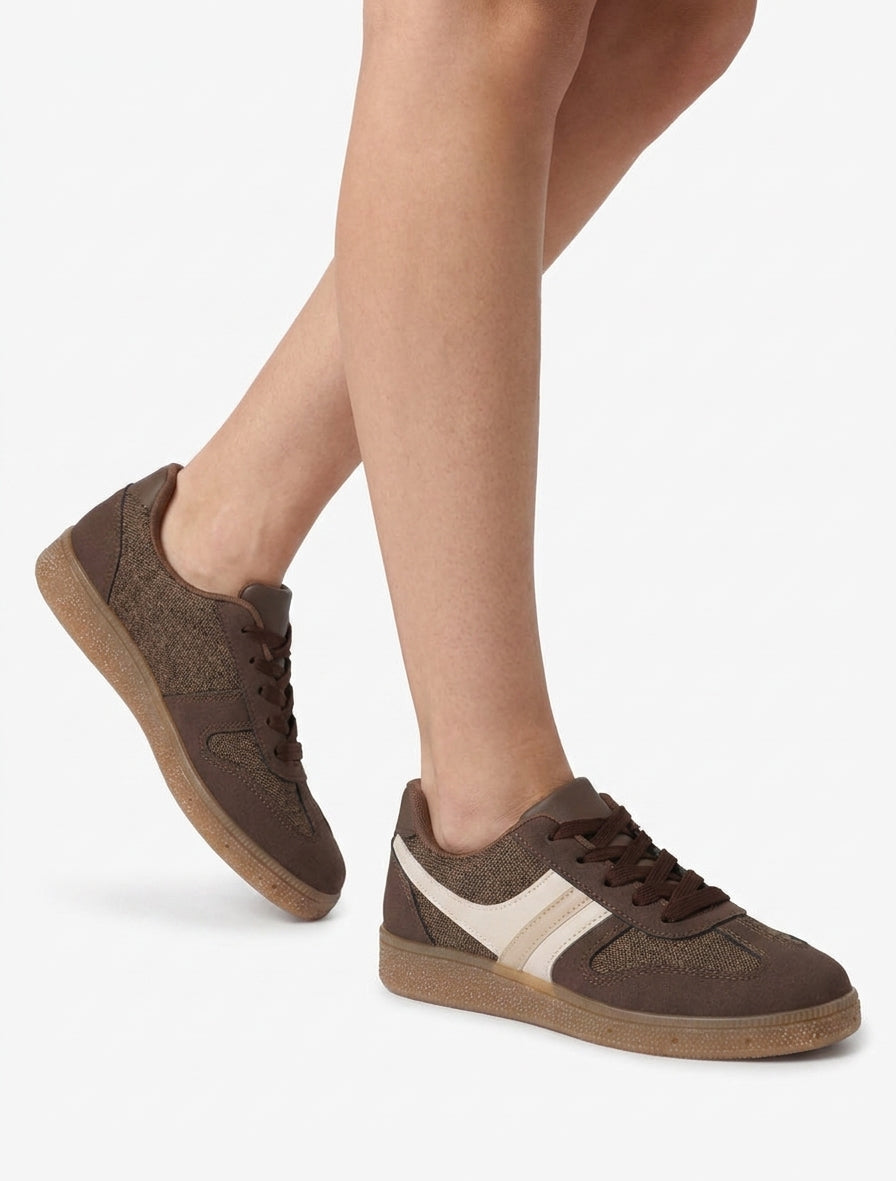 Sneakers à empiècement tissu effet tweed - Marron