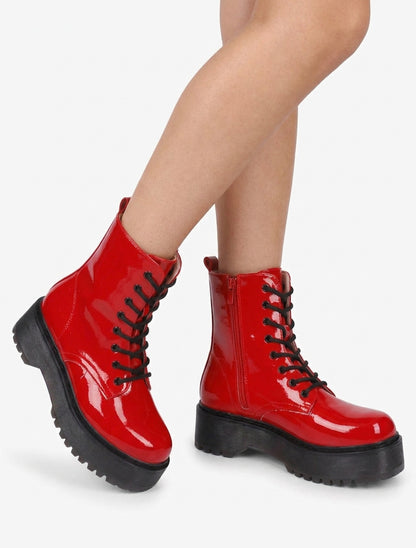 Bottines montantes vernies à lacets - Rouge