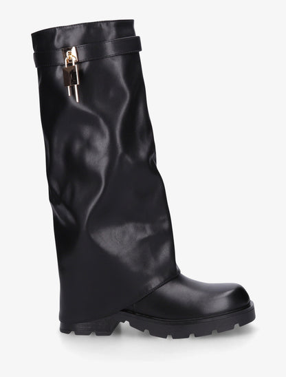 Bottes en simili à revers et bijou cadenas - Noir - 1