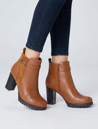 Bottines à empiècement en suédine et talon haut - Camel
