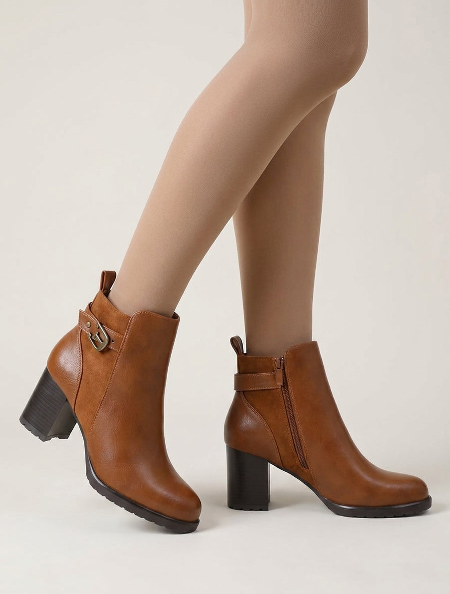 Bottines en simili et suédine à boucle métallique - Camel