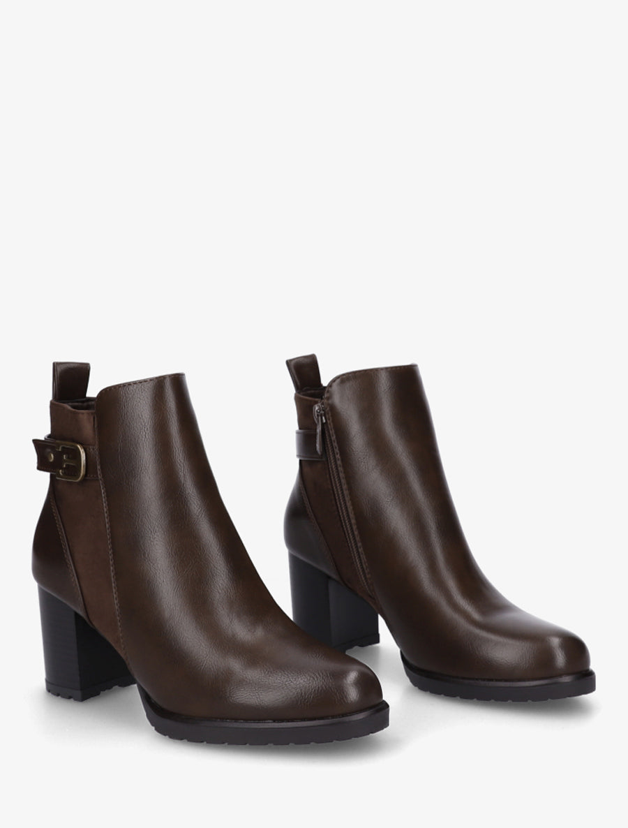 Bottines en simili et suédine à boucle métallique - Marron - 4