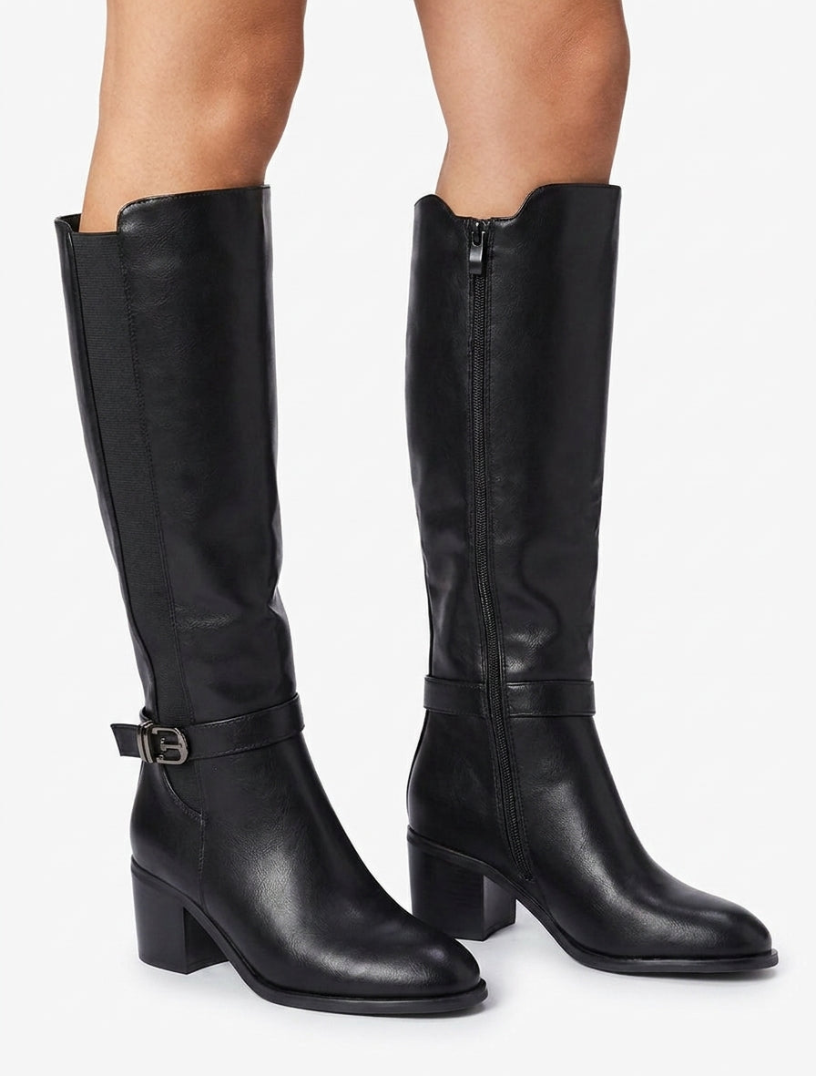 Bottes élastiquées en simili à boucle fantaisie - Noir