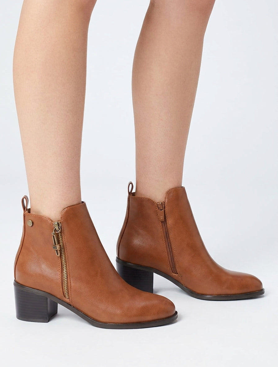 Bottines en simili à zip décoratif - Camel