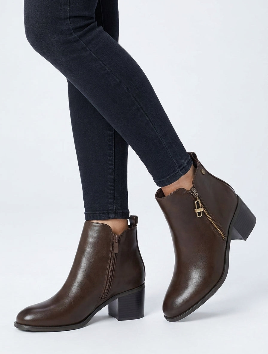 Bottines en simili à zip décoratif - Marron