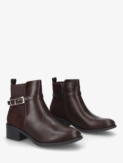 Bottines élastiquées bimatière à boucle métal - Marron - 4