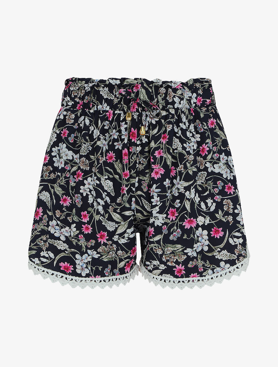 Short imprimé fleuri à taille froncée - Marine - 4