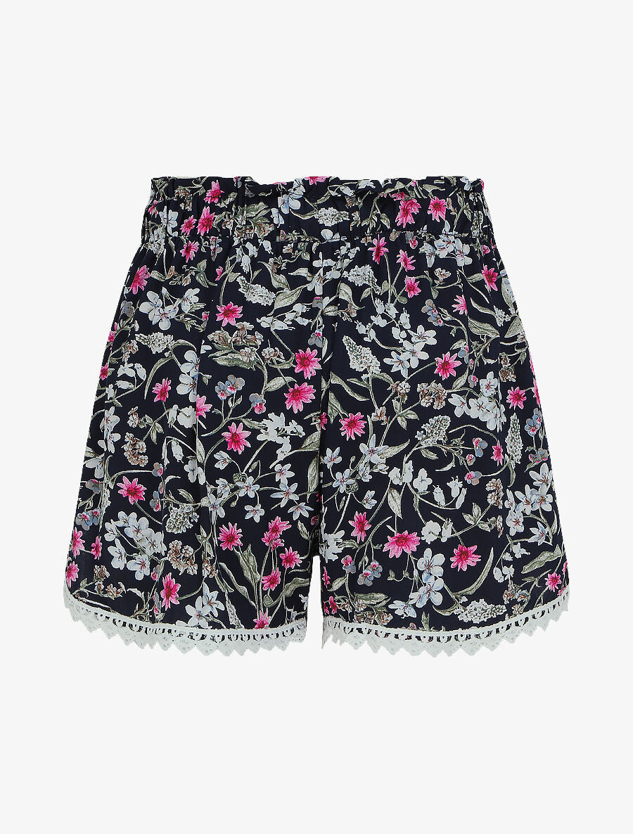 Short imprimé fleuri à taille froncée - Marine - 2
