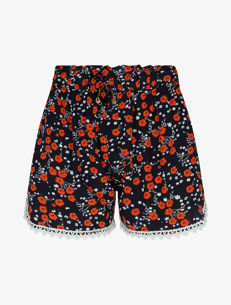 Short imprimé fleurs des champs à taille froncée - Marine - 1