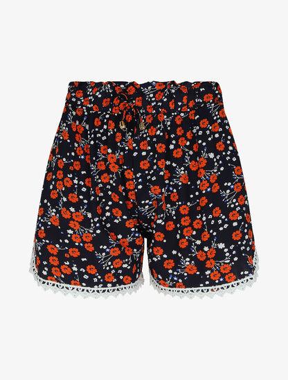 Short imprimé fleurs des champs à taille froncée - Marine - 1