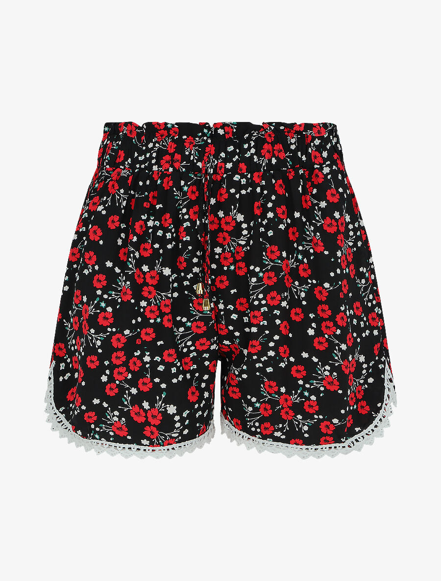 Short imprimé fleurs des champs à taille froncée - Noir - 4