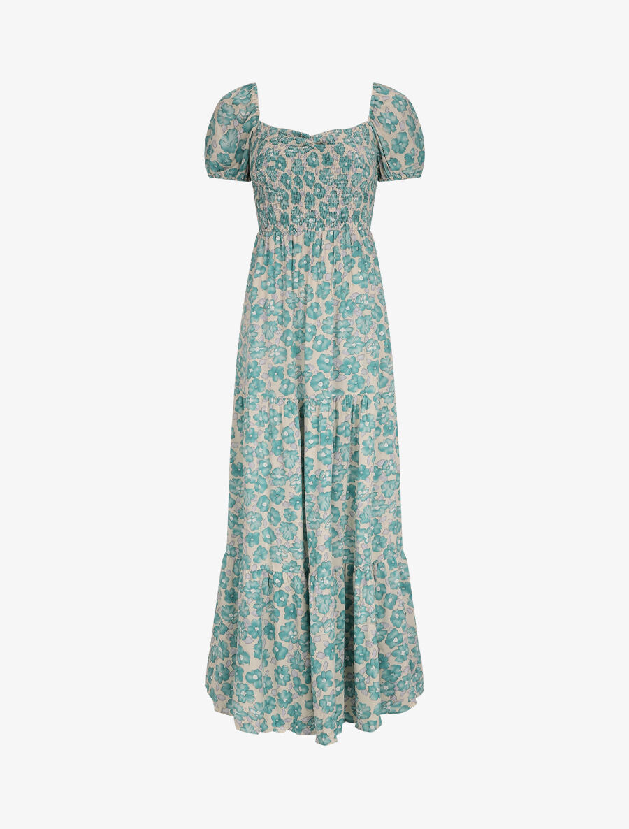 Robe longue élastiquée imprimé fleuri - Bleu - 2