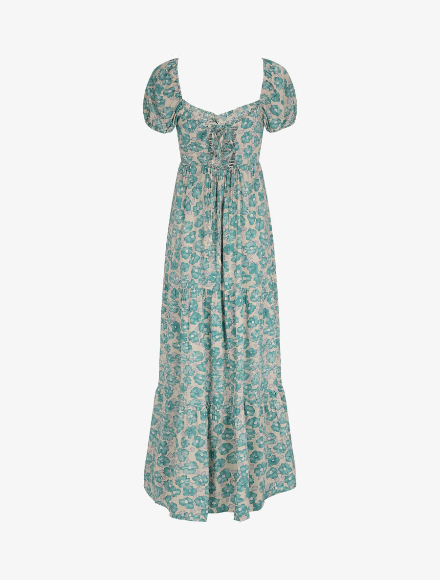Robe longue élastiquée imprimé fleuri - Bleu - 3