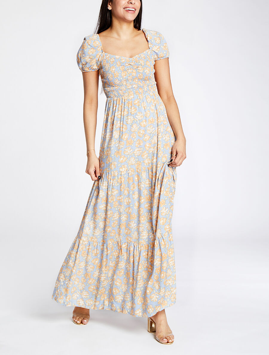 Robe longue élastiquée imprimé fleuri - Beige - 1