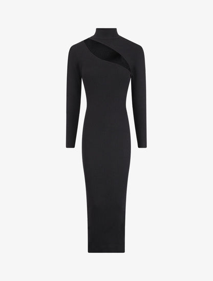 Robe pull côtelée et moulante à décolleté asymétrique - Noir - 1