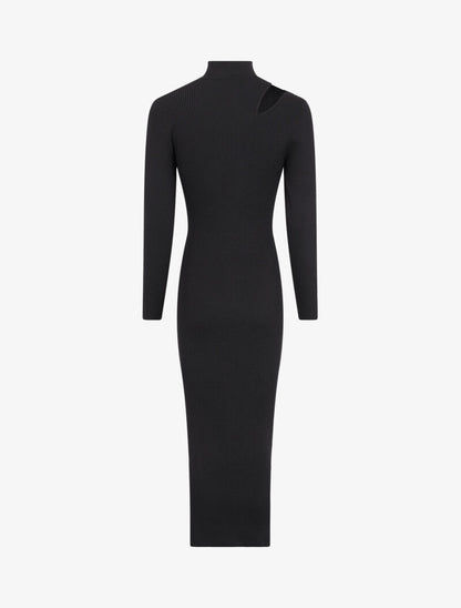 Robe pull côtelée et moulante à décolleté asymétrique - Noir - 2