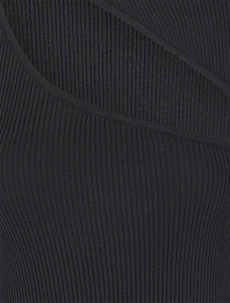 Robe pull côtelée et moulante à décolleté asymétrique - Noir - 3