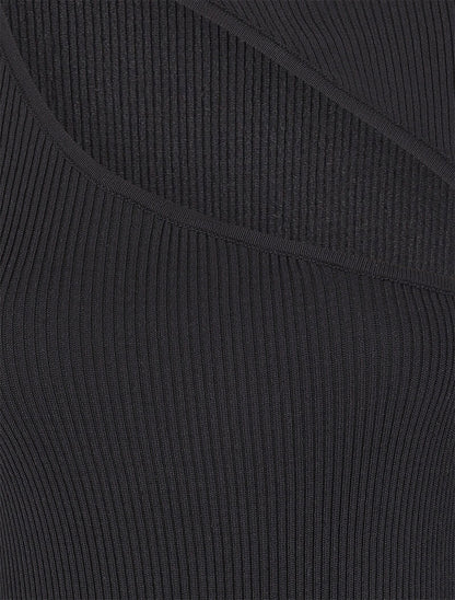 Robe pull côtelée et moulante à décolleté asymétrique - Noir - 3