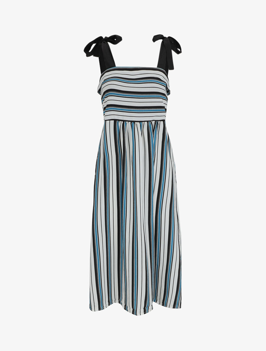 Robe longue rayée à bretelles à noeud - Blanc - 1