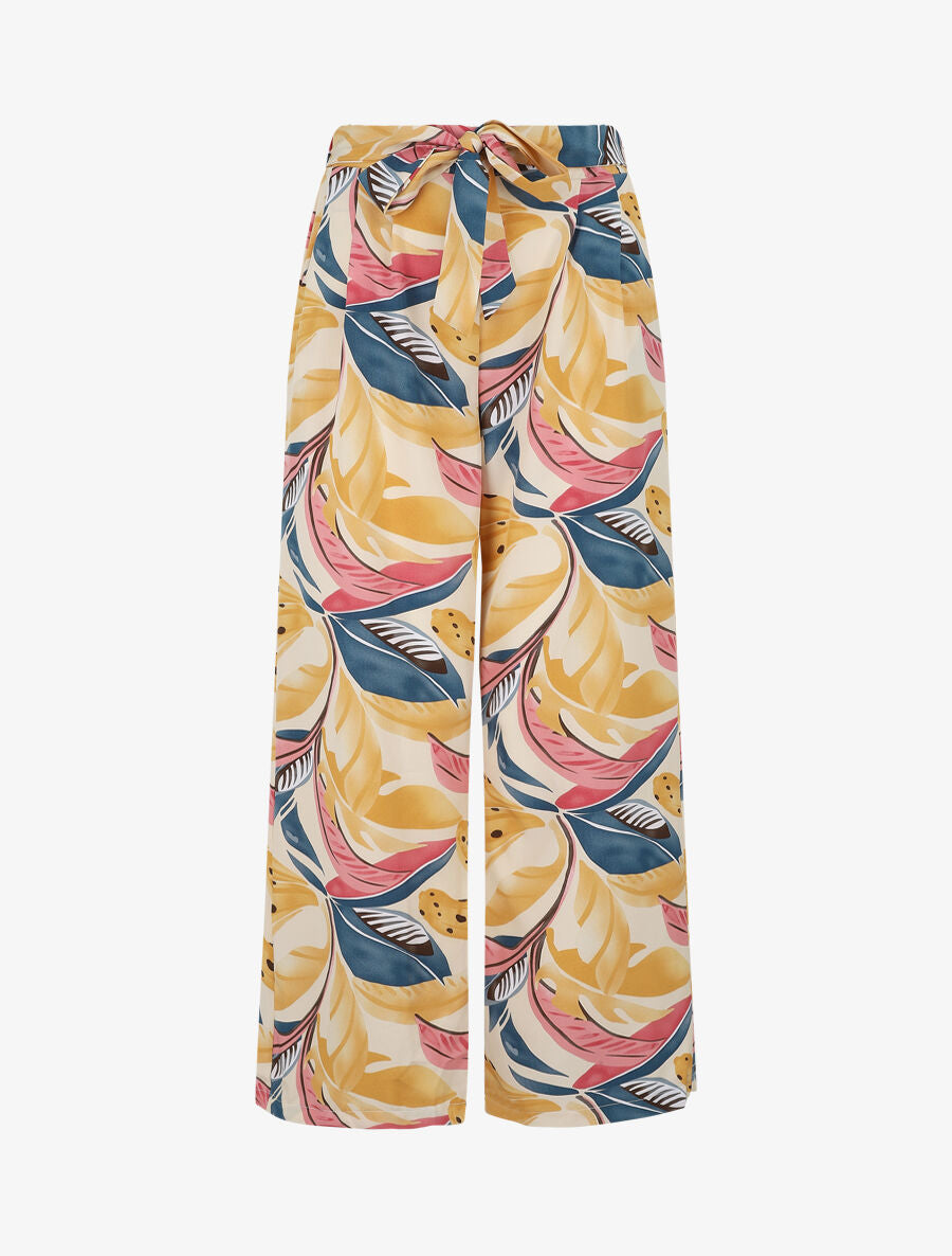 Pantalon élastiqué à imprimé feuillage - Beige - 1