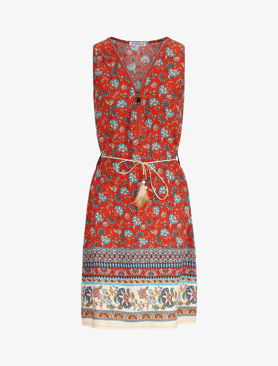 Robe mi-longue à imprimé baroque - Rouge - 1