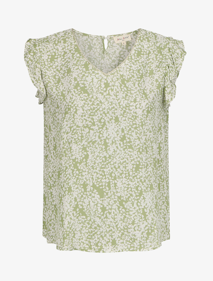Blouse à imprimé feuillage et manches volantées - Vert anis - 4