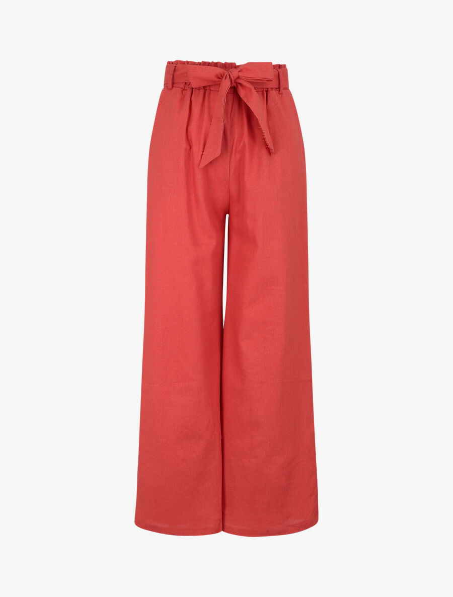 Pantalon paperbag en lin - Rouge - 4