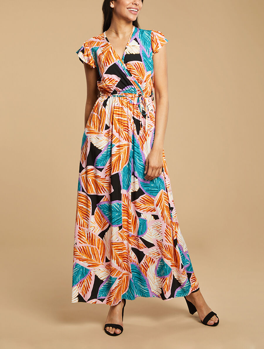 Robe longue coupe empire à imprimé feuillage - Bleu - 1