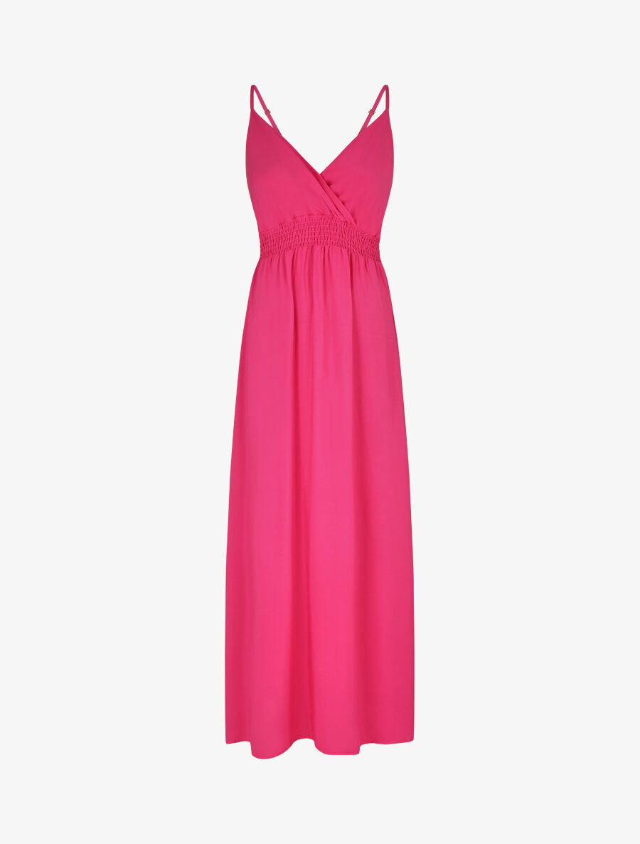 Robe longue unie à taille et dos élastiqués - Fushia - 4