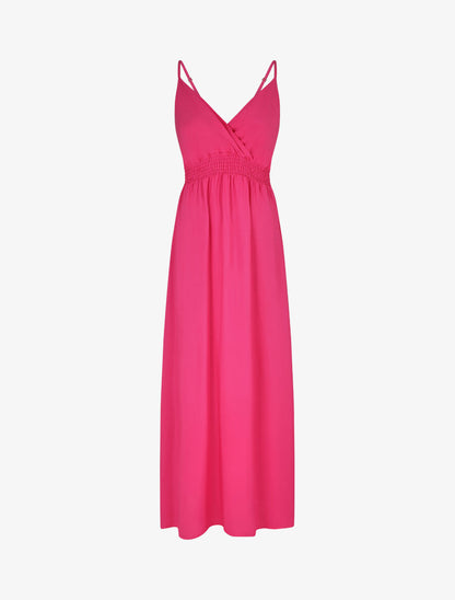 Robe longue unie à taille et dos élastiqués - Fushia - 4
