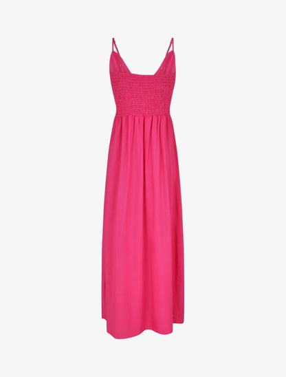 Robe longue unie à taille et dos élastiqués - Fushia - 2