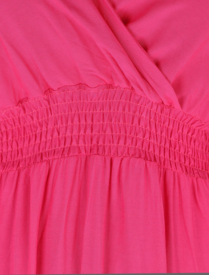 Robe longue unie à taille et dos élastiqués - Fushia - 3